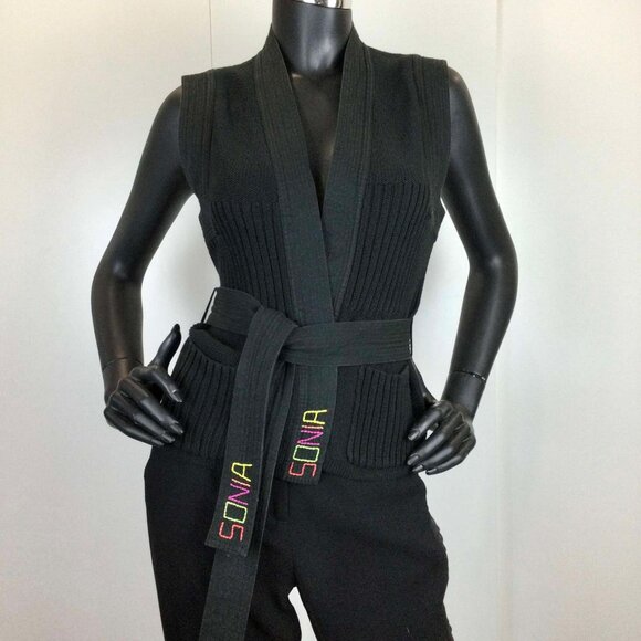 Vintage Sonia Rykiel Cotton Knit Vest – Black Sleeveless Belted – Size S - Picture 1 of 6